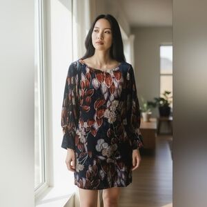 Ann Taylor Navy Blue Long Sleeve Velvet Floral Dress Sz 8 Petite